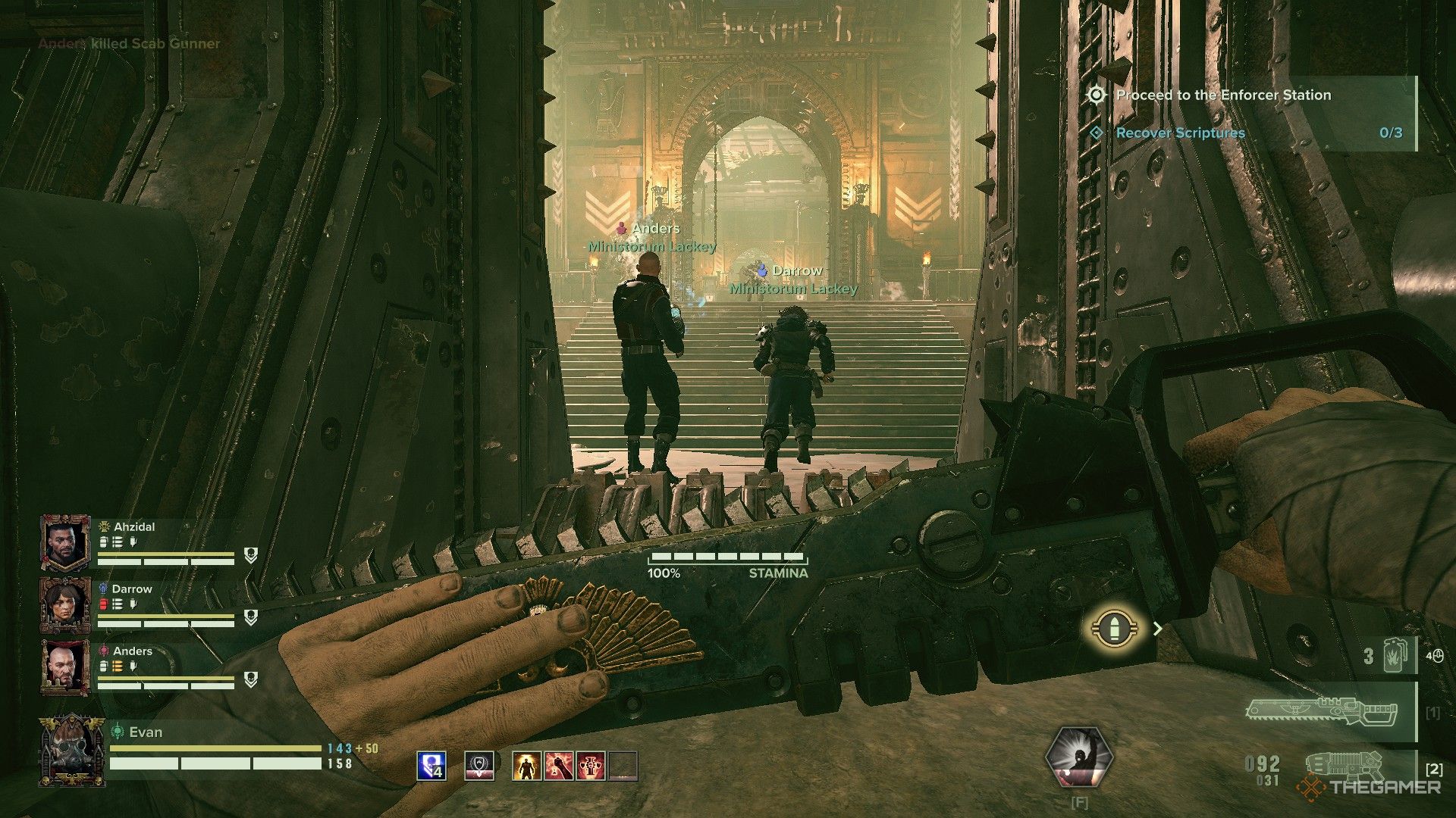 Warhammer 40,000: Darktide - A veteran leading their squad toward a building.