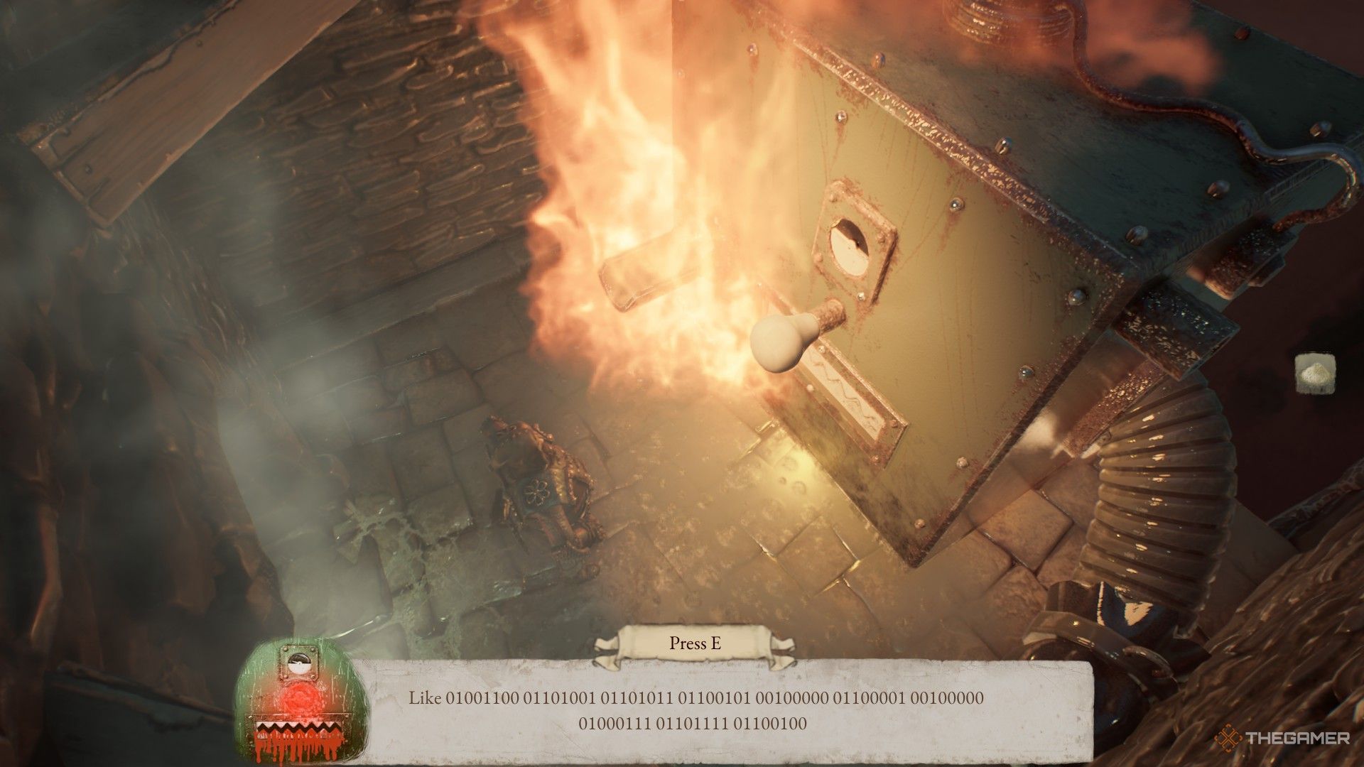 A big green machine on fire and speaking in ones and zeroes in Moroi.
