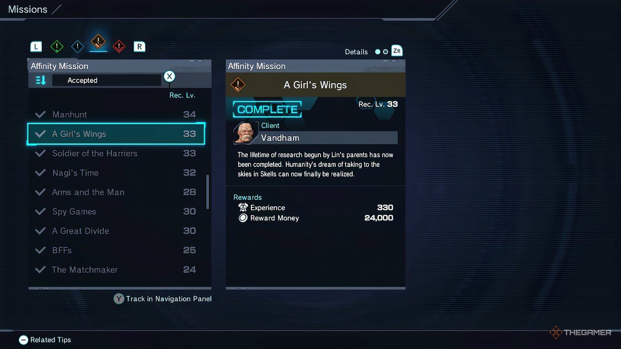 A screenshot of the affinity mission information for the quest A Girl's Wings in Xenoblade Chronicles X: Definitive Edition.