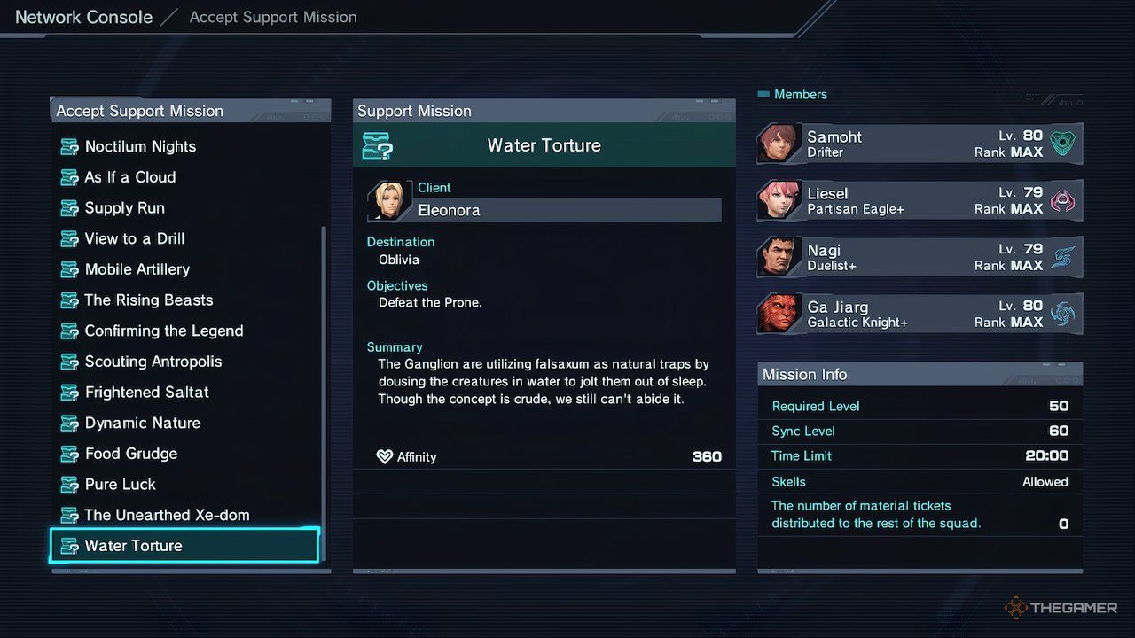 The mission information screen for the support mission Water Torture in Xenoblade Chronicles X: Definitive Edition.