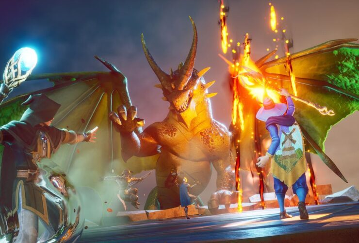 RuneScape: Dragonwilds art of mages fighting a green dragon
