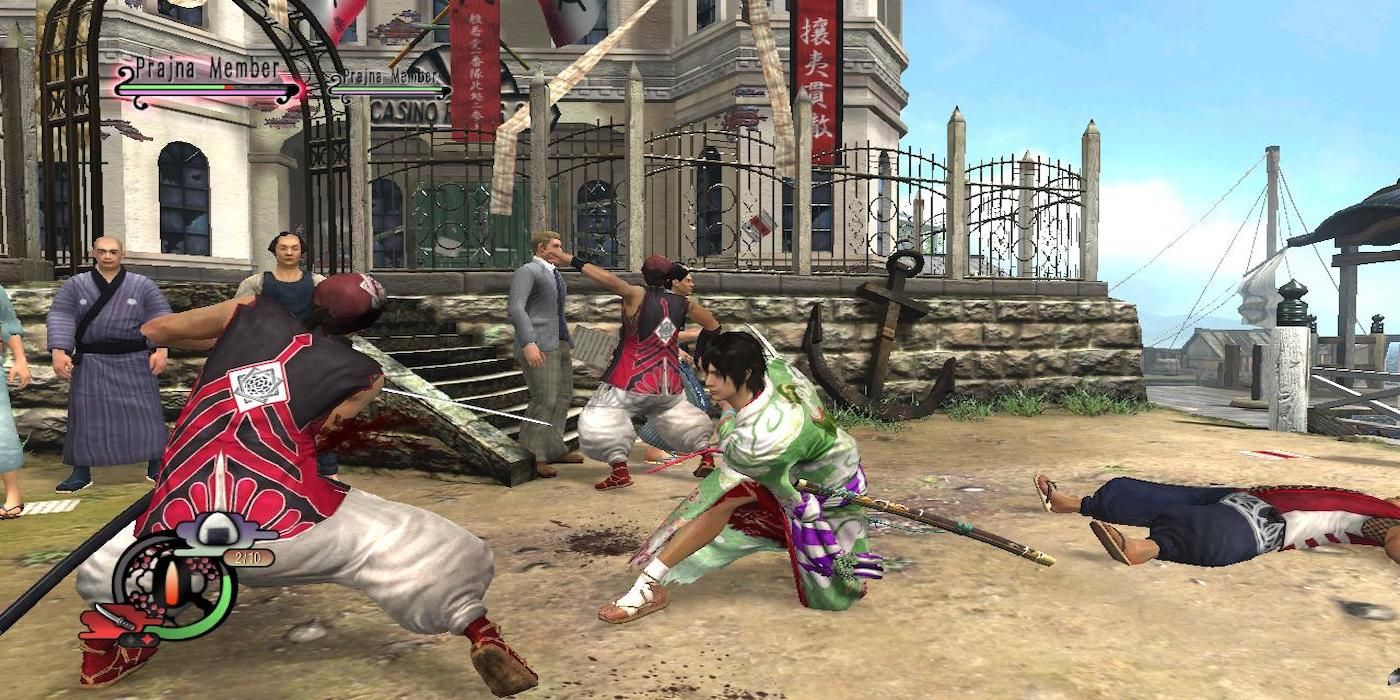 Way Of The Samurai 4 protagonist fighting enemies in the town