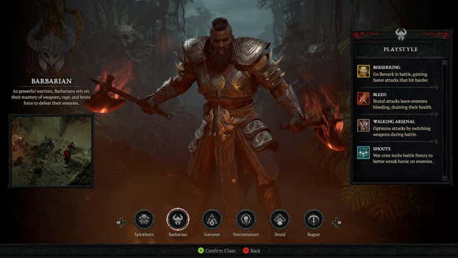 The class selection screen for the Barbarian in Diablo 4.