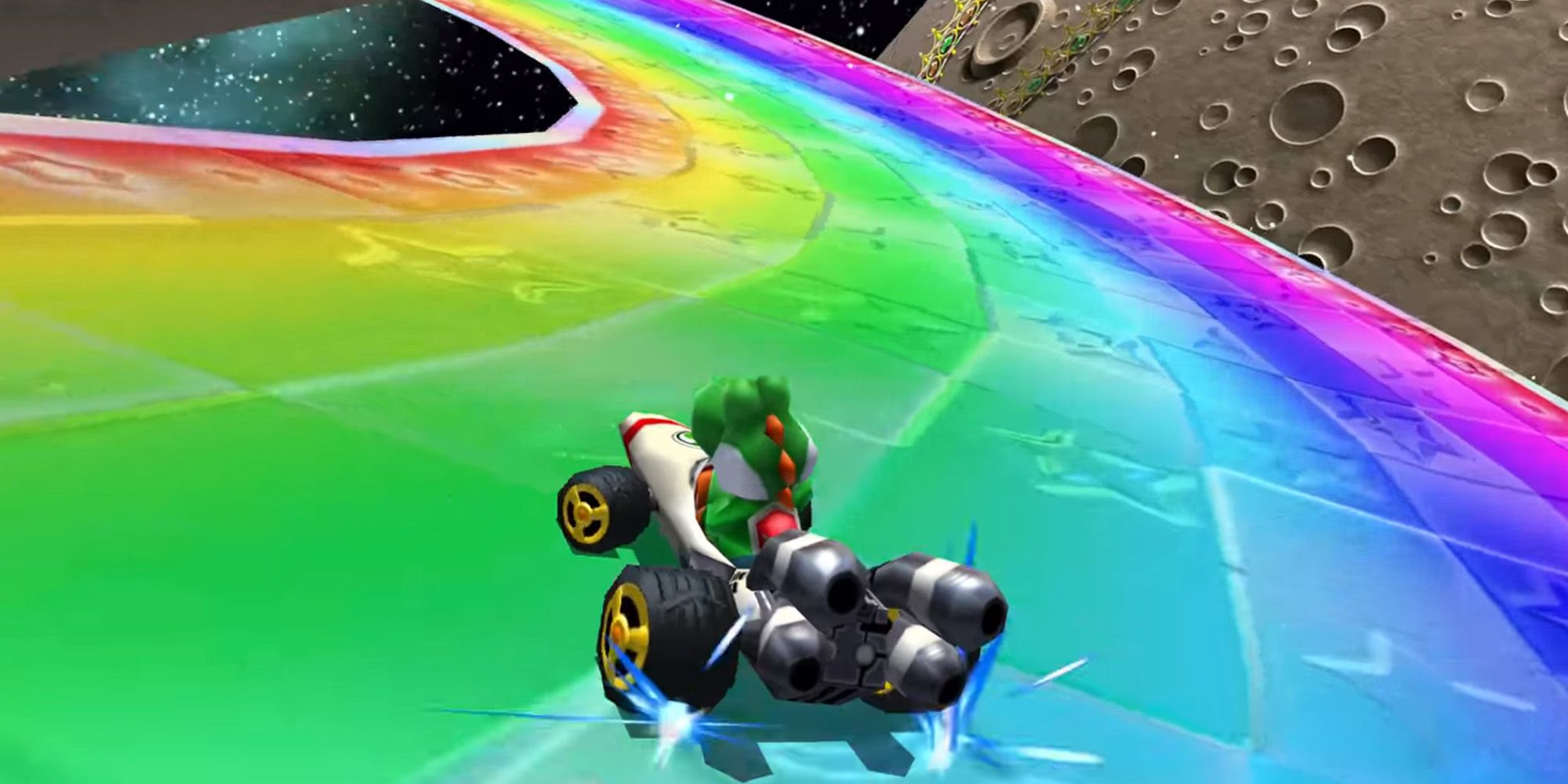 Yoshi racing through Rainbow Road in Mario Kart 7.