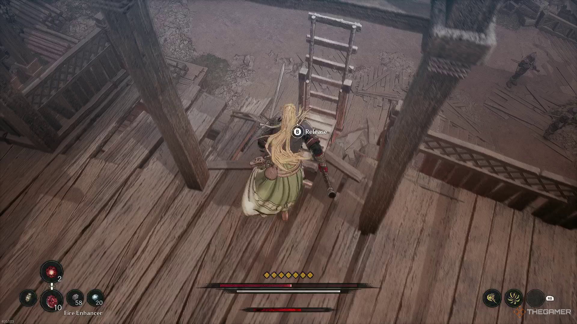 The image shows Khazan kicking the ladder in Linon Mines in The First Berserker: Khazan.