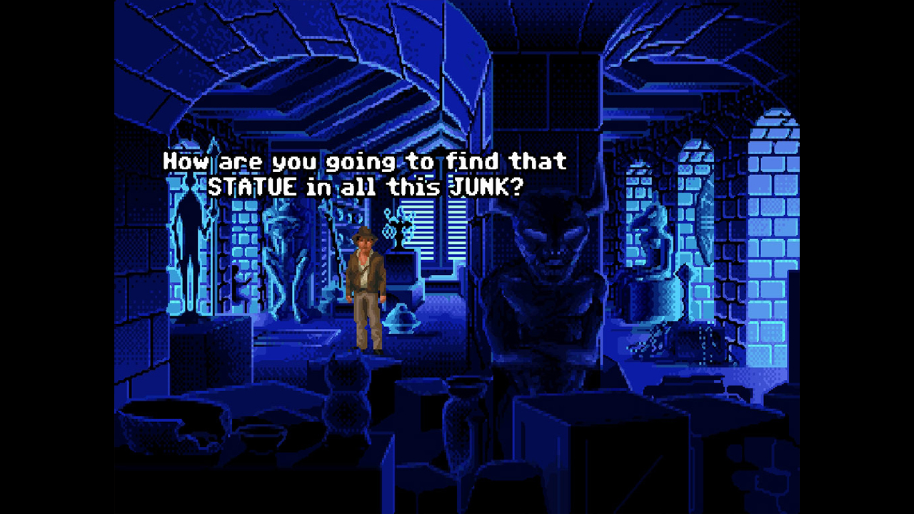Indy explore a storage room in Indiana Jones and the Fate of Atlantis, looking for a statue