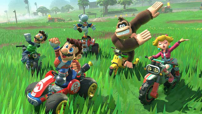 Mario Kart characters punch the air. 