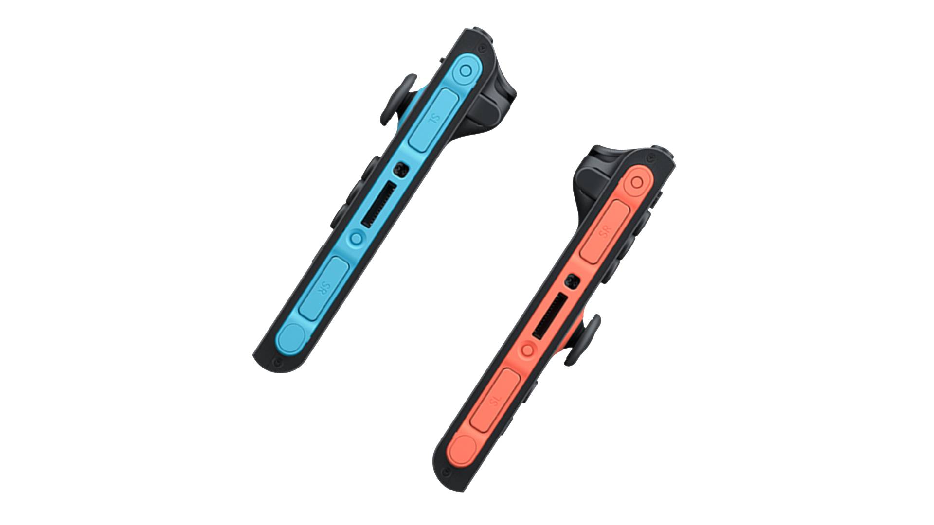 Nintendo Switch 2 JoyCon in blue and red with bottom connector side facing forward