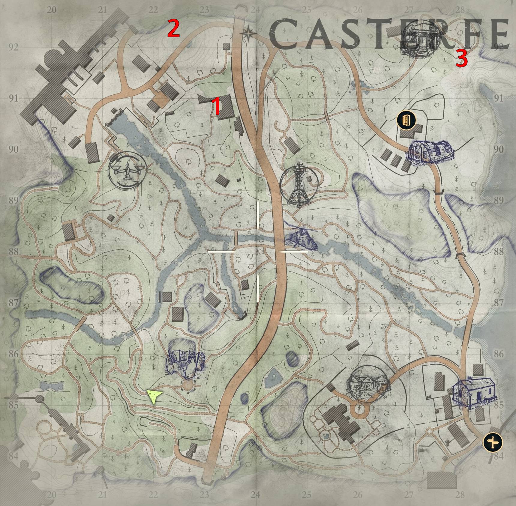 A square map of Casterfell Woods in Atomfall with the locations of Pneumatic Dispatch Tubes annotated.