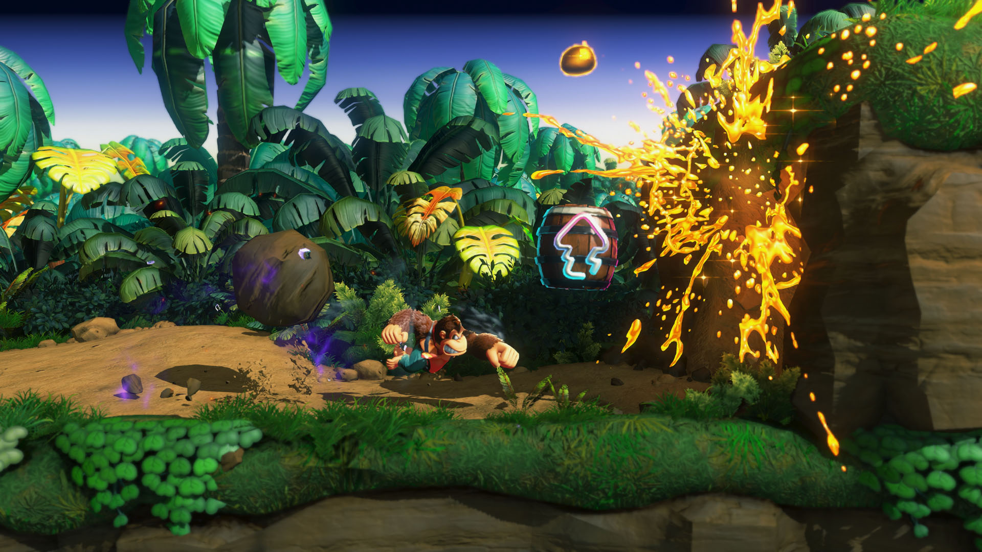 Donkey Kong smashes his way through an area of Donkey Kong Bananza that, with its background and barrels, echoes the original Donkey Kong Country