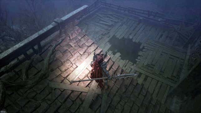 The protagonist for The First Berserker looks down at a whole in a building.