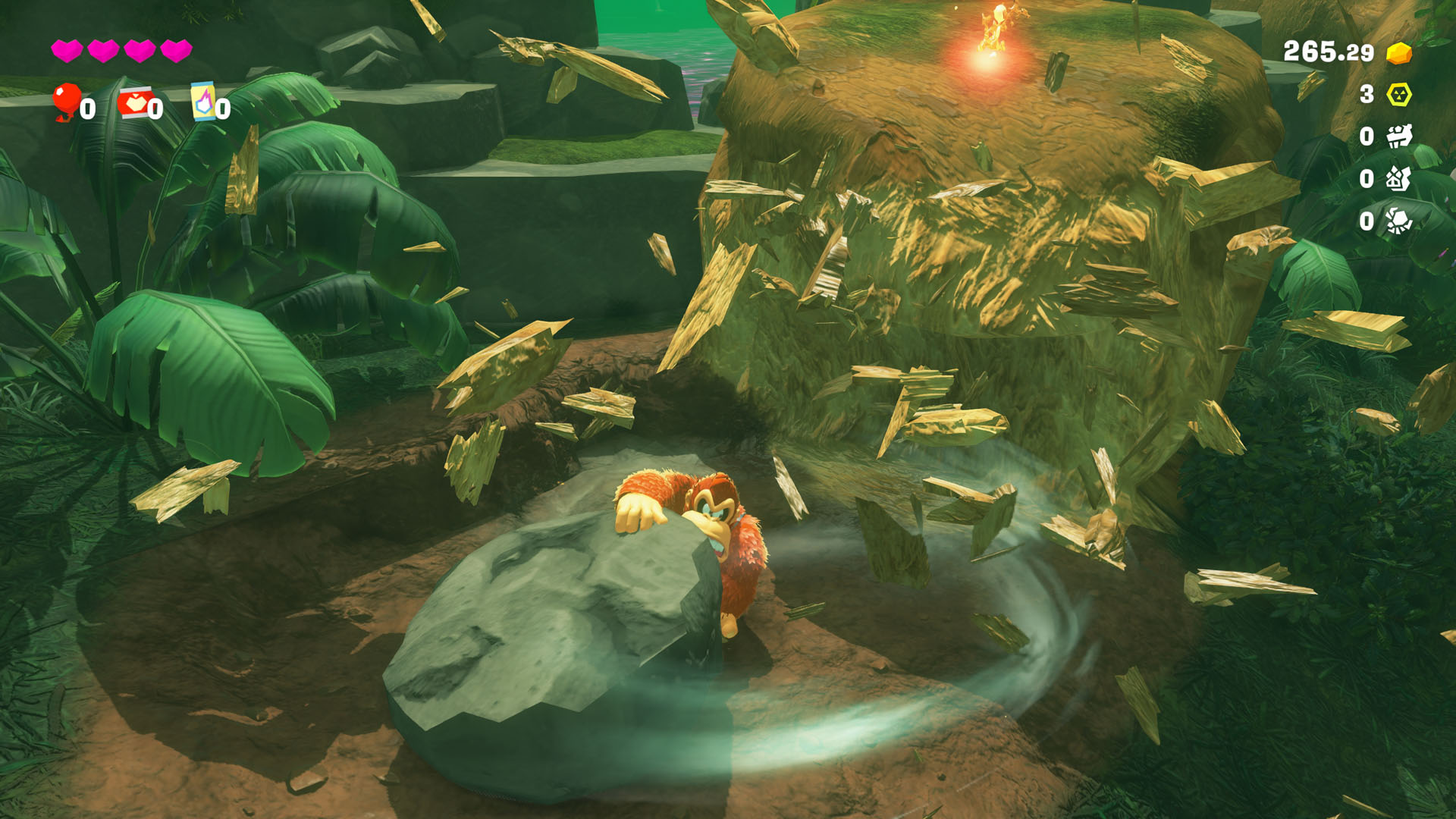 Donkey Kong swings a rock around in Donkey Kong Bananza to bring the destruction