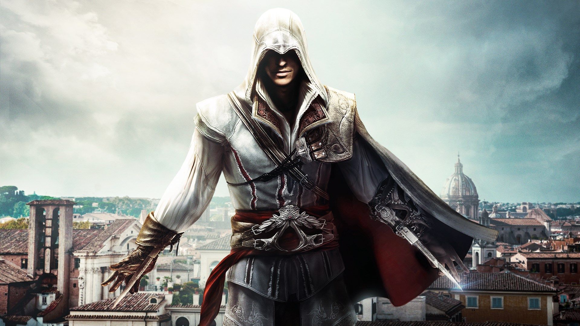 Ezio with his arms spread in front of a city in Assassin's Creed 2. 
