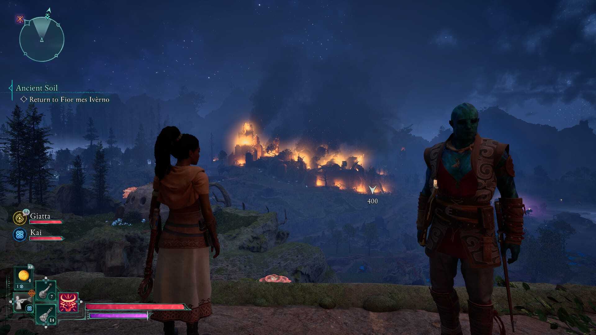 Avowed screenshot of Fior on fire as Giatta looks out towards the flames over the city