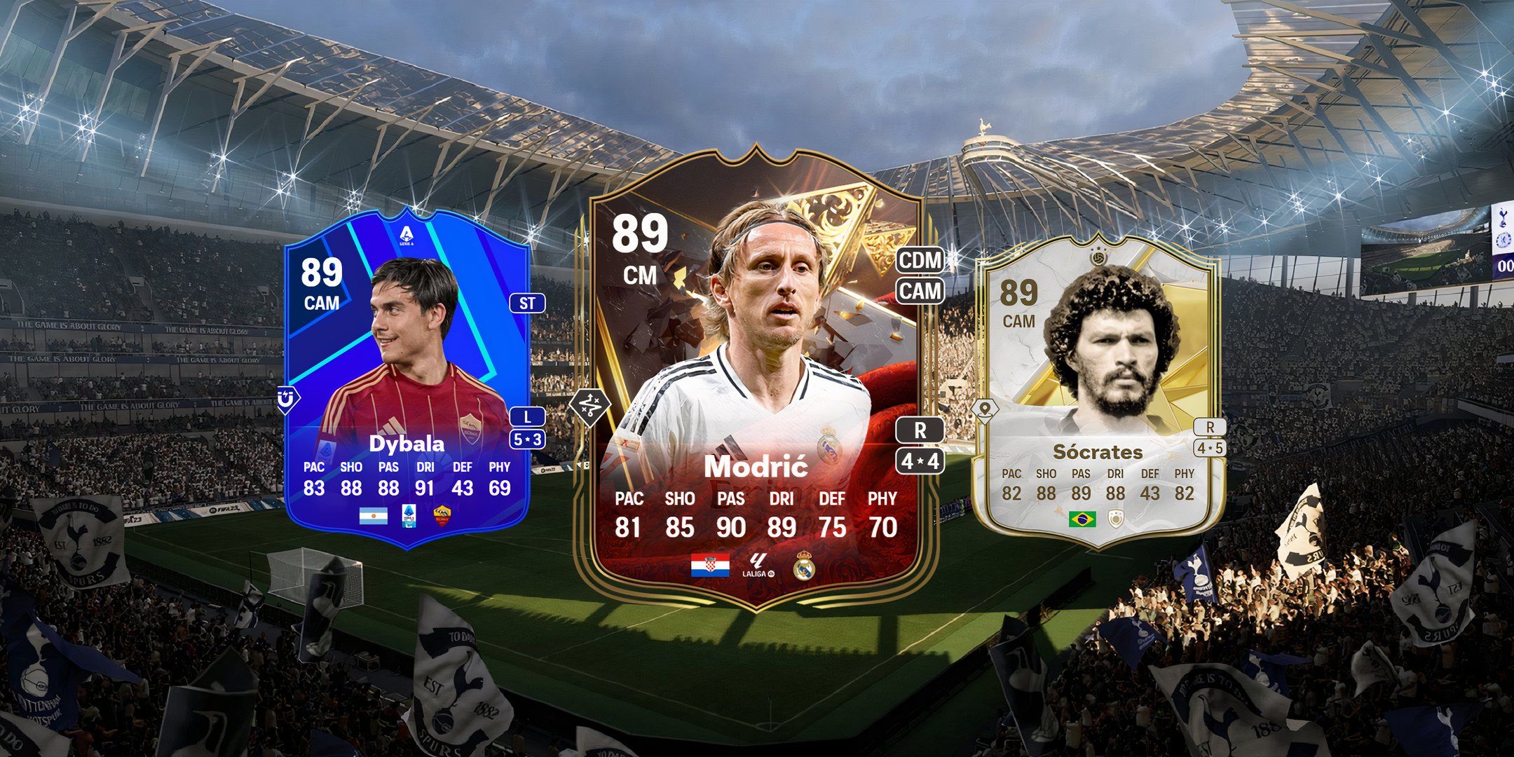 Paulo Dybala's, Luka Modric's, and Socrates' cards in EA Sports FC 25.