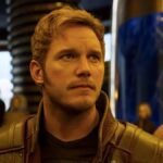 Chris Pratt as Star Lord in Guardians of the Galaxy Vol 2 looking up