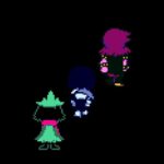 three pixelated characters walking away into a black background