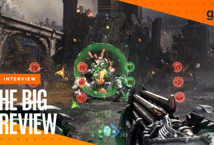A barrage of enemy bullets flies towards the Doom Slayer in Doom: The Dark Ages, mostly consisting of red orbs except for one column of green which indicates it can be parried with the shield saw - with a frame for the GamesRadar+ Big Preview