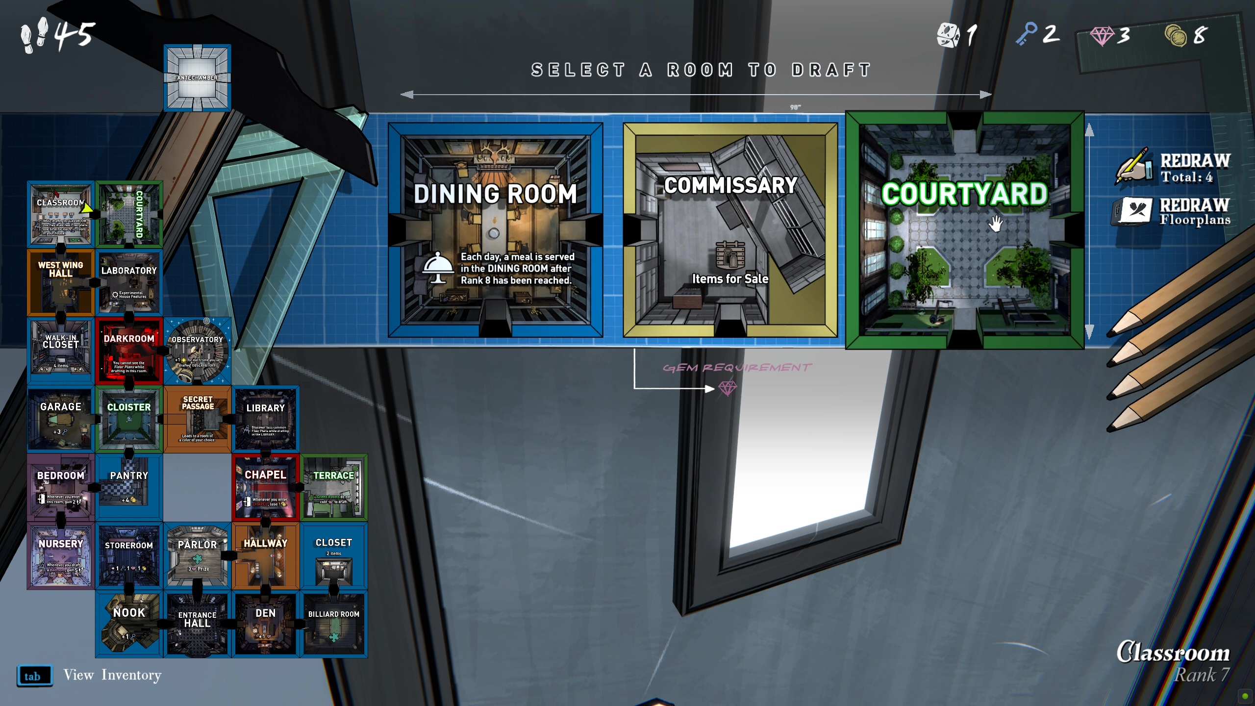 Selecting a room to place in Blue Prince, able to select from the Dining Room, Commissary, and Courtyard