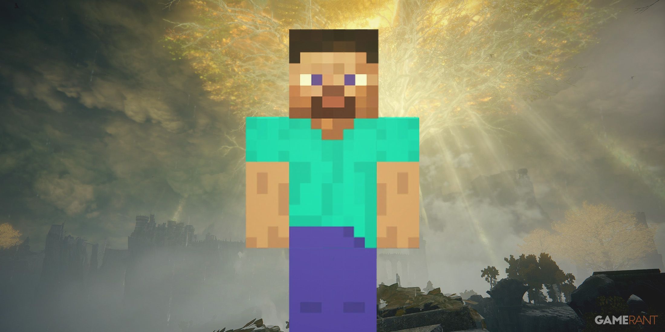 Minecraft Steve in Elden Ring Lands Between 2x1 composite