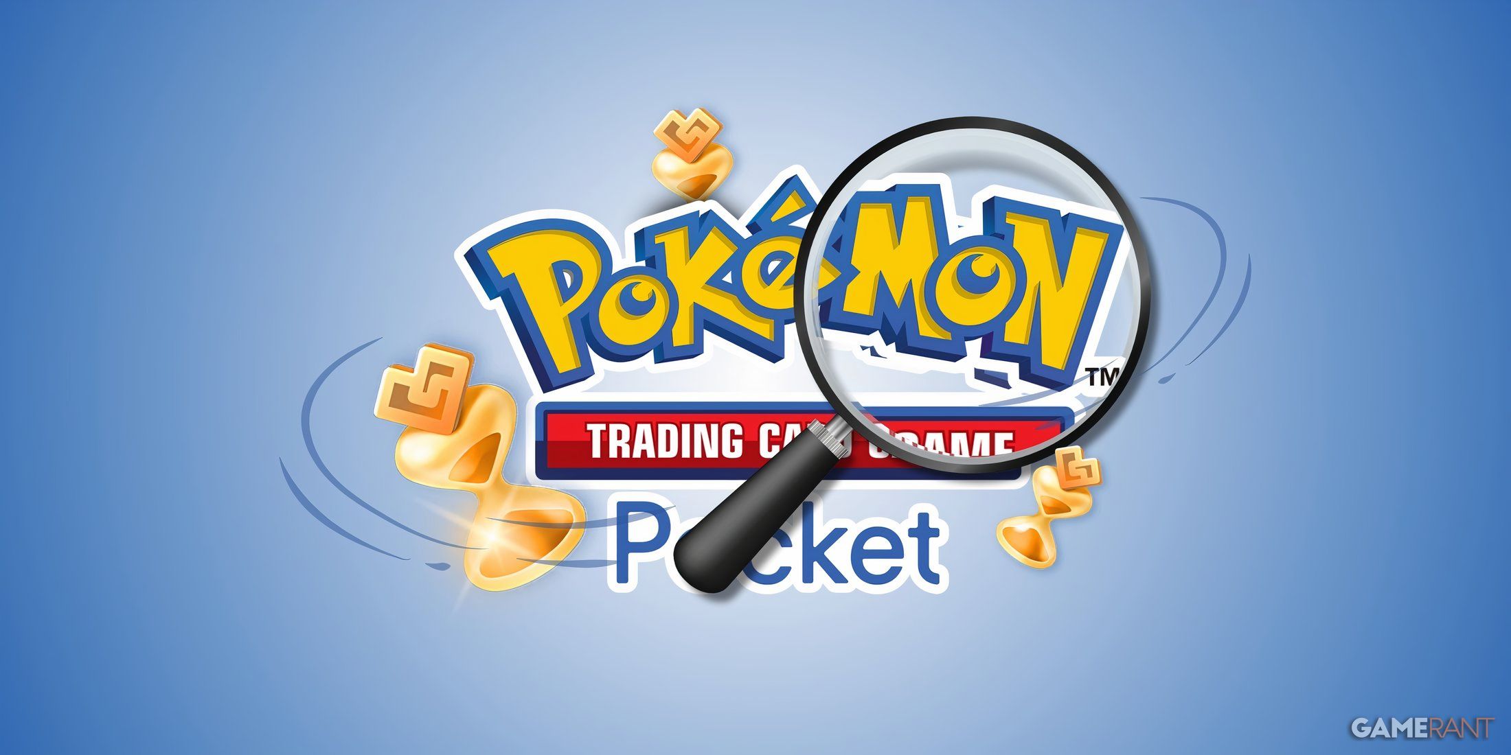 pokemon tcg pocket logo, a magnifier, and a couple of wonder hourglasses.
