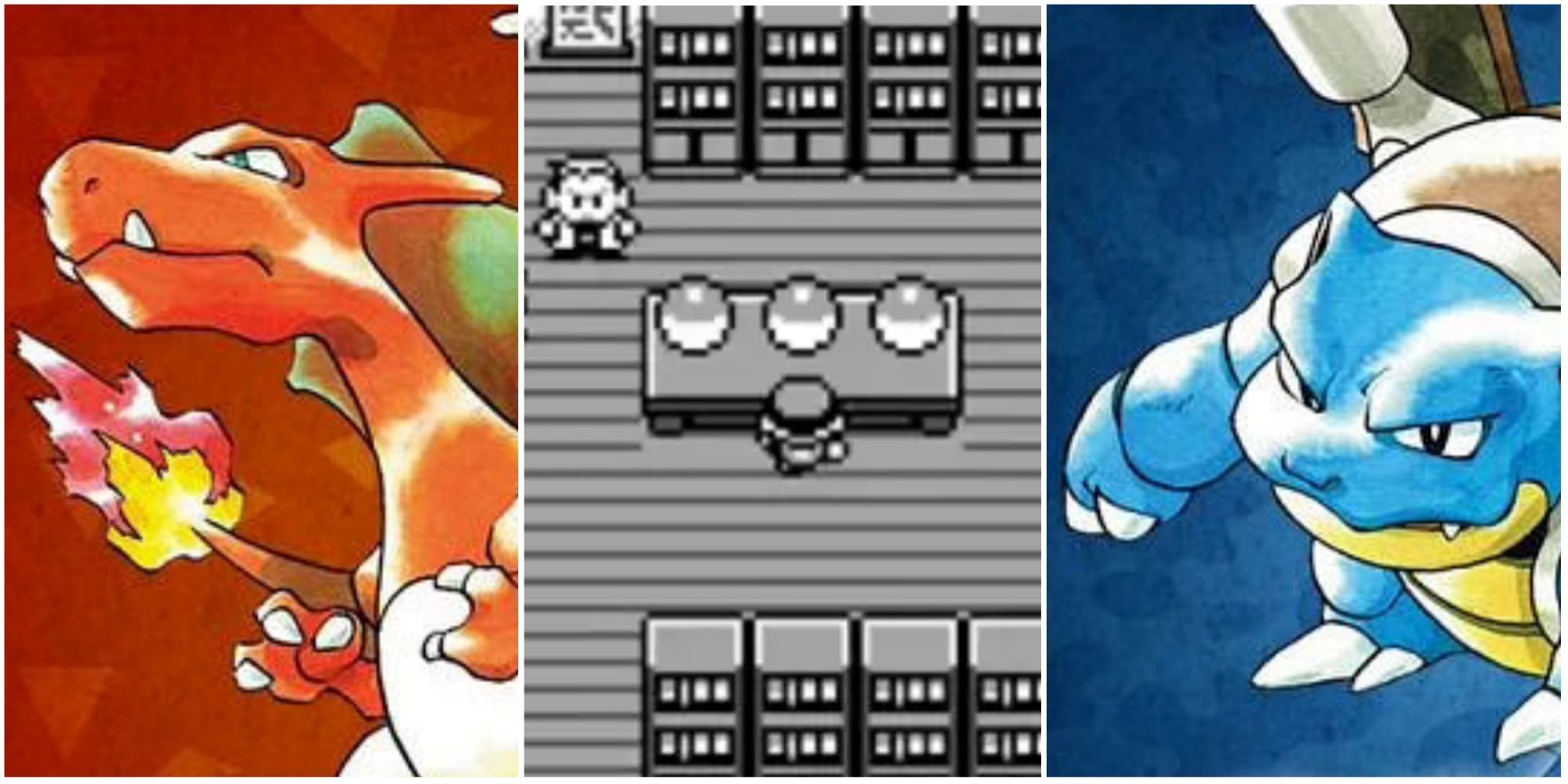 Split image screenshots of official art of Charizard, a screenshot of Red picking his starter in Pokemon Red and Blue and official art of Blastoise.