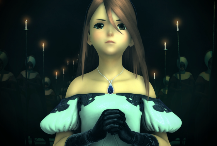 Screenshot from Bravely Default Flying Fairy HD Remaster's announcement trailer, showing Agnes looking up in a darkened room.