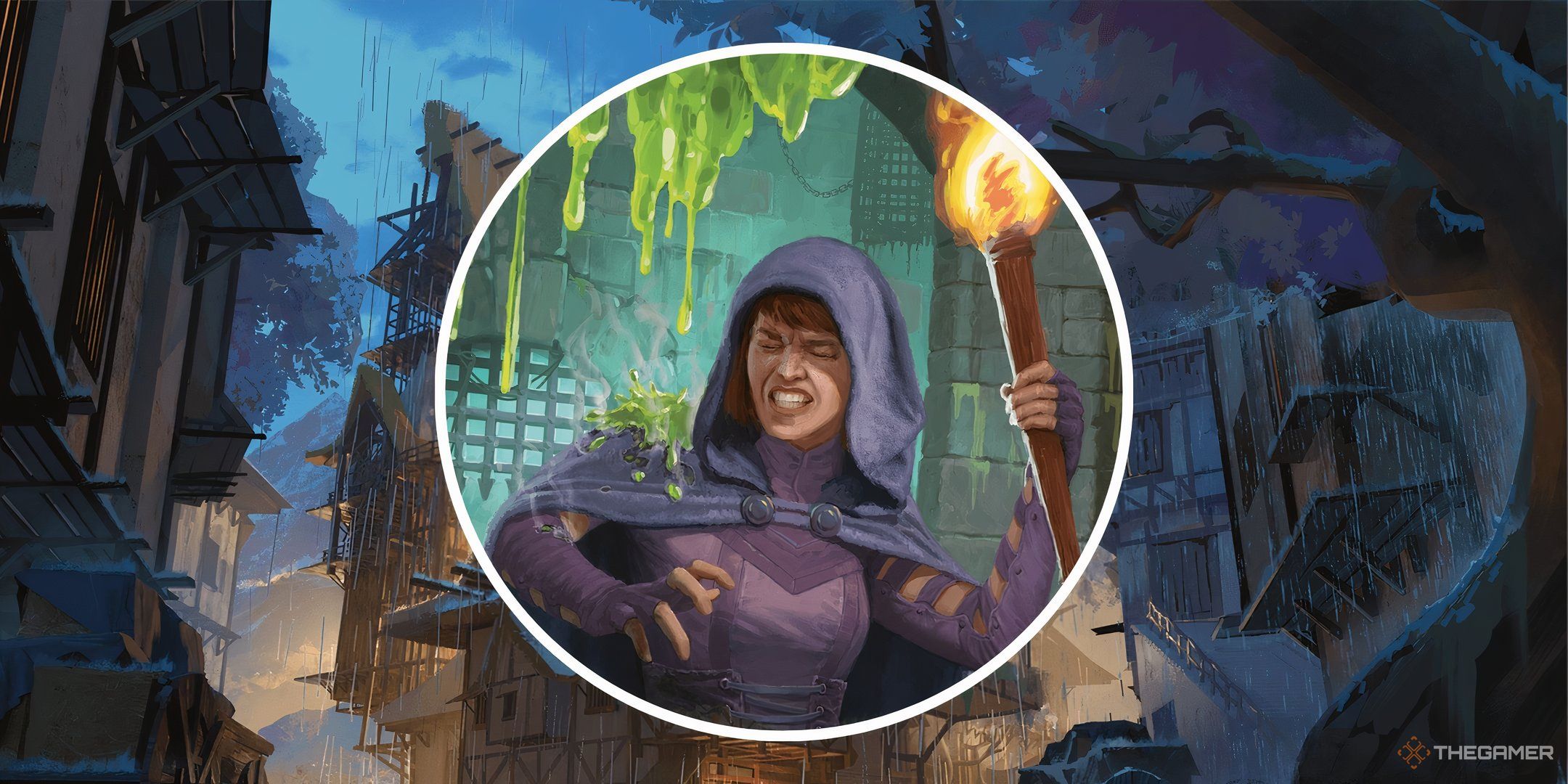 An adventurer succumbing to a trap in a split image with a rogue bastion in Dungeons & Dragons.