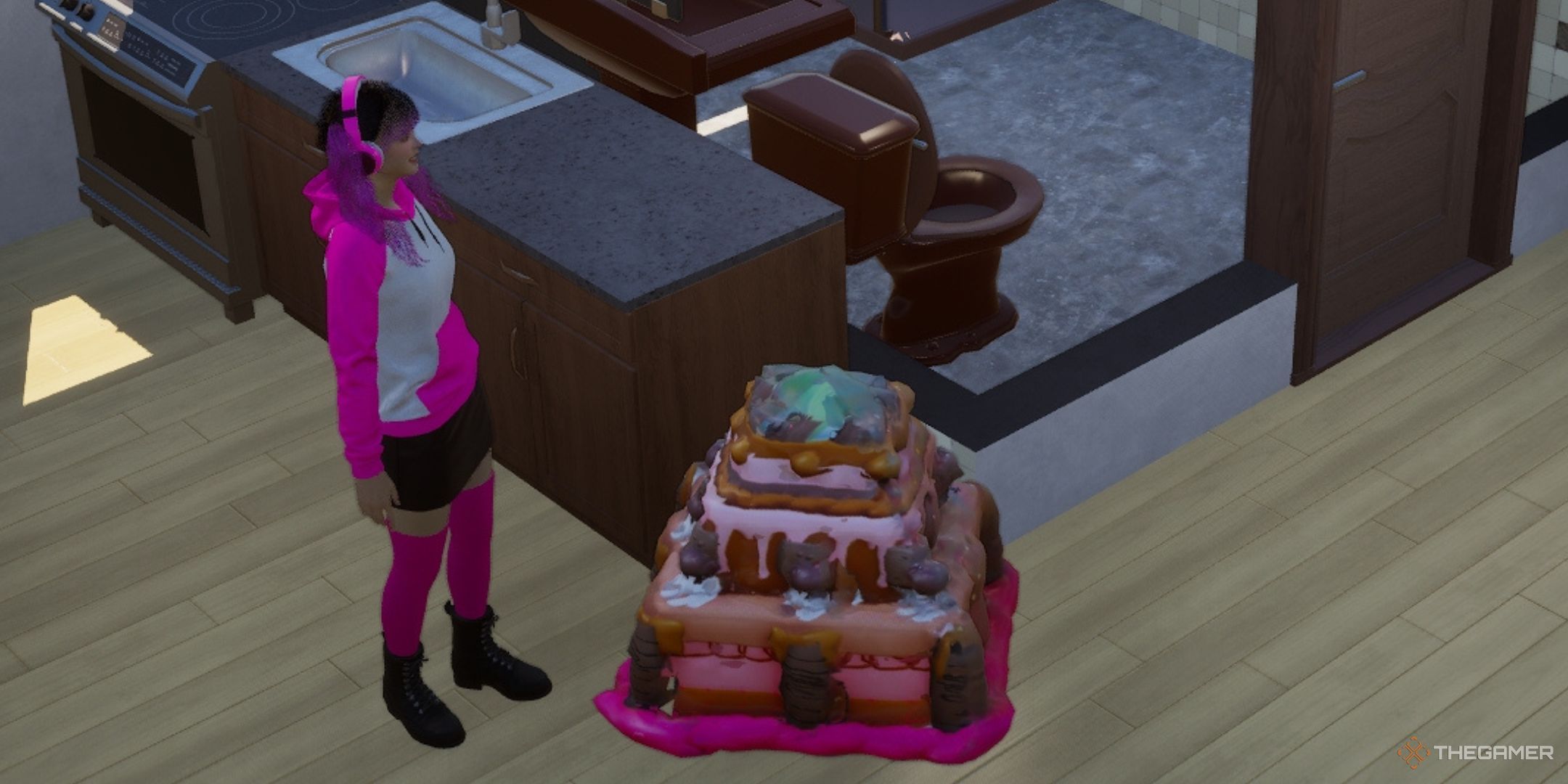 A Roblox cake printed by the 3D Printer is placed on the ground in InZoi.