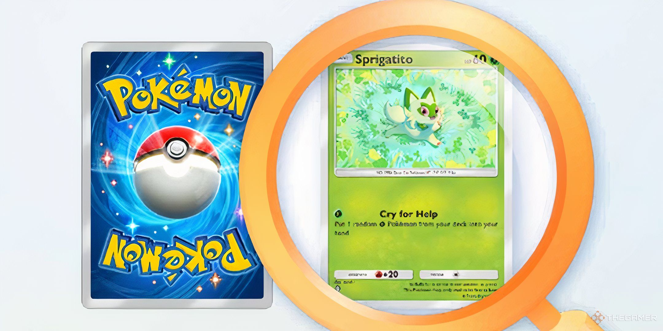 The Sneak Peek magnifying glass is showing the Sprigatito card in Pokemon Pocket.