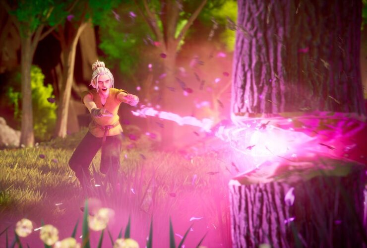 a person using a magical spectral axe to cut down a tree