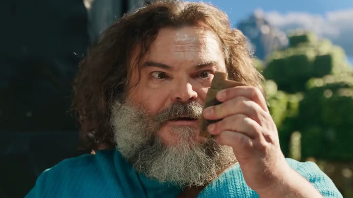 Jack Black as Steve looks at some ore in A Minecraft Movie