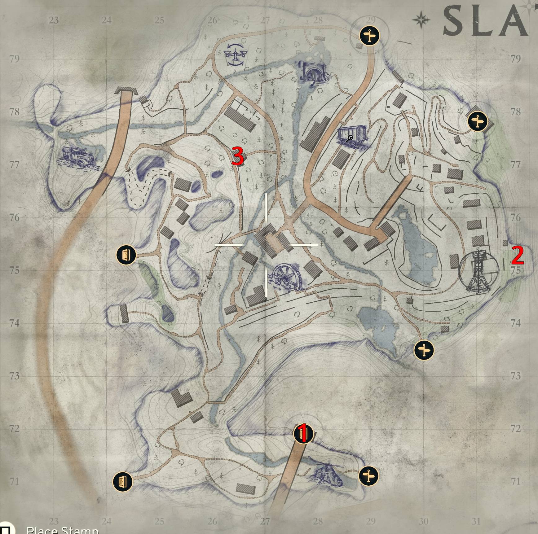 A square map of Slatten Dale in Atomfall with the locations of Pneumatic Dispatch Tubes annotated.