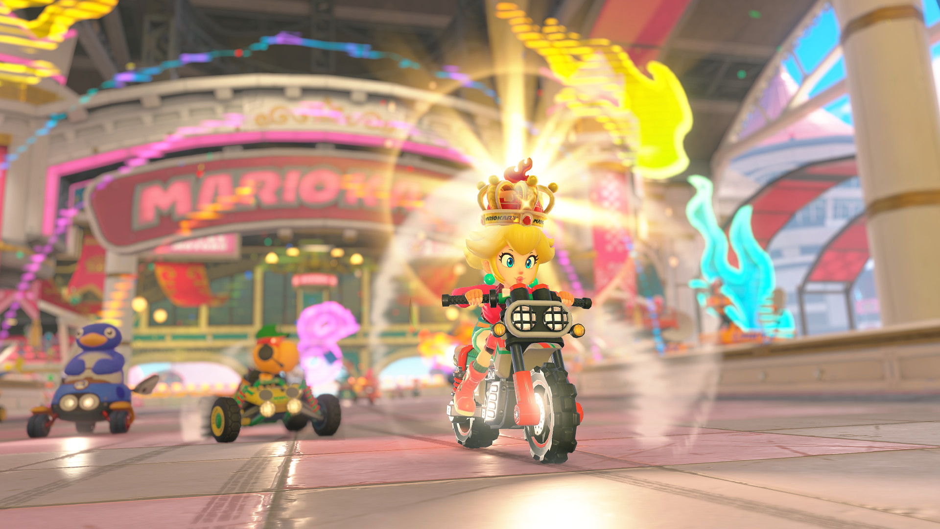 Mario Kart World Switch 2 screenshot showing Princess Peach taking the lead on a bike