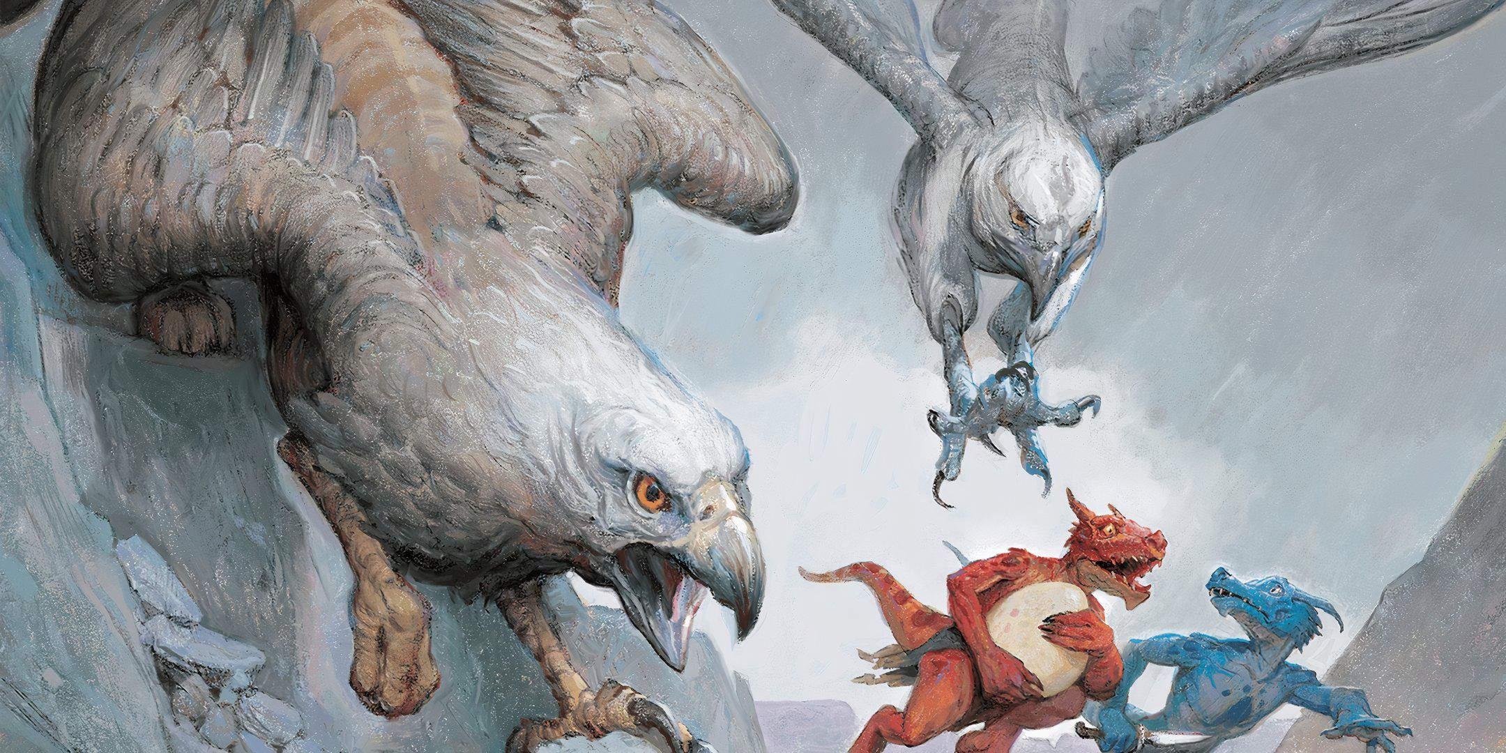 A pair of griffons chase two kobolds in Dungeons & Dragons.