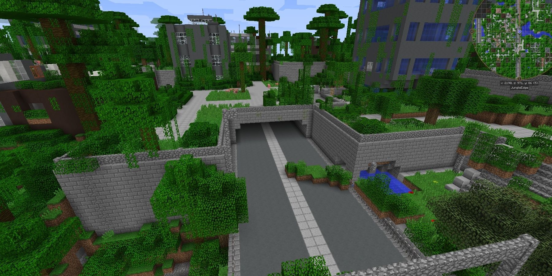 A player looking at a ruined cities with The Lost Cities mod. 