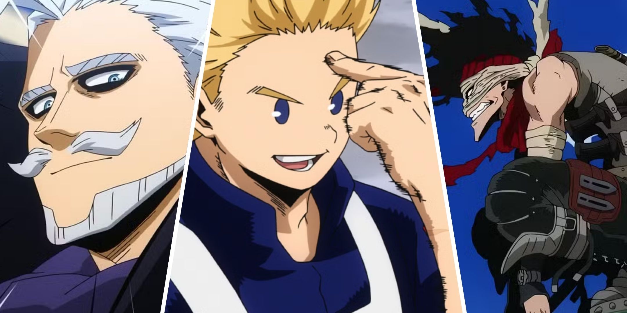 Featured image of the article My Hero Academia 8 Powerful Characters With Weak Quirks showcasing Gentle Criminal, Lemillion, and Stain.