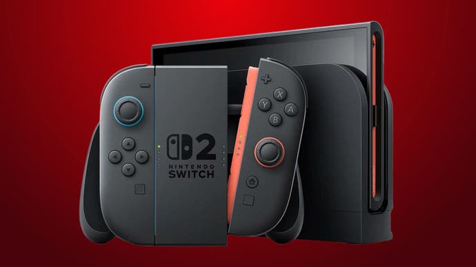 Nintendo Switch 2 in docked mode on a red gradient background