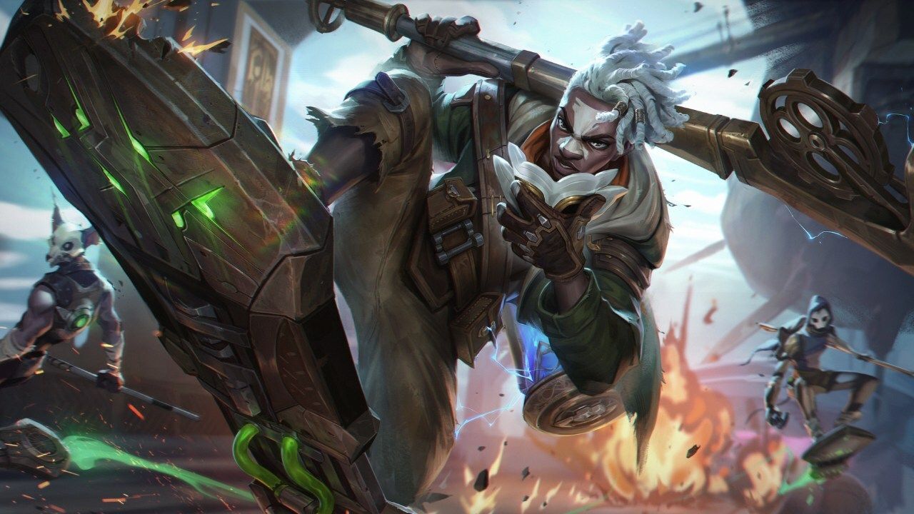 Teamfight Tactics character art of Ekko from Arcane zooming around on a hoverboard of sorts