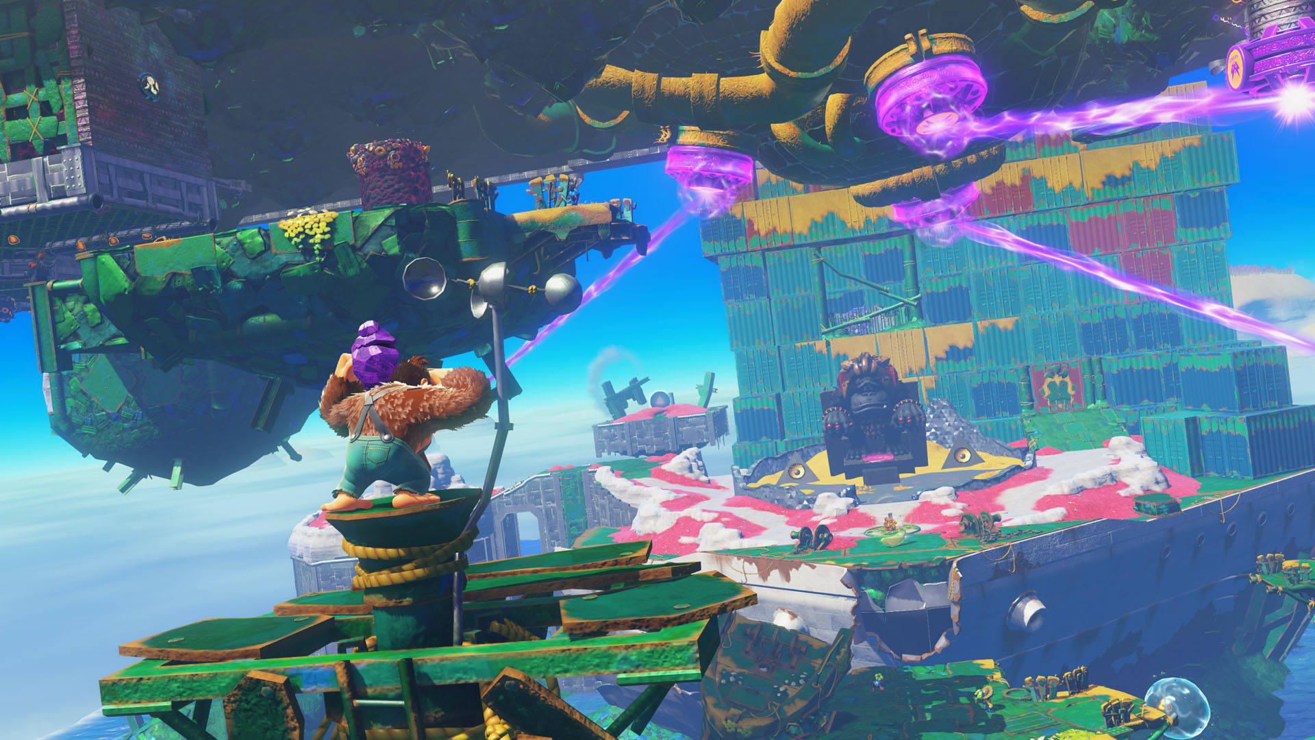 A zoomed out shot as Donkey Kong enters a jungle area in Donkey Kong Bananza with plenty of floating platforms - it looks like a large level lies ahead