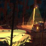 Screenshot from Truckful, showing a truck on a road at night, illuminated by a street light.