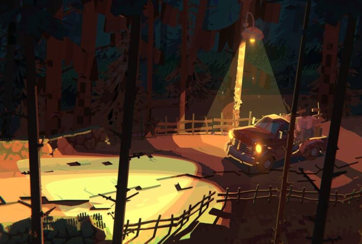 Screenshot from Truckful, showing a truck on a road at night, illuminated by a street light.