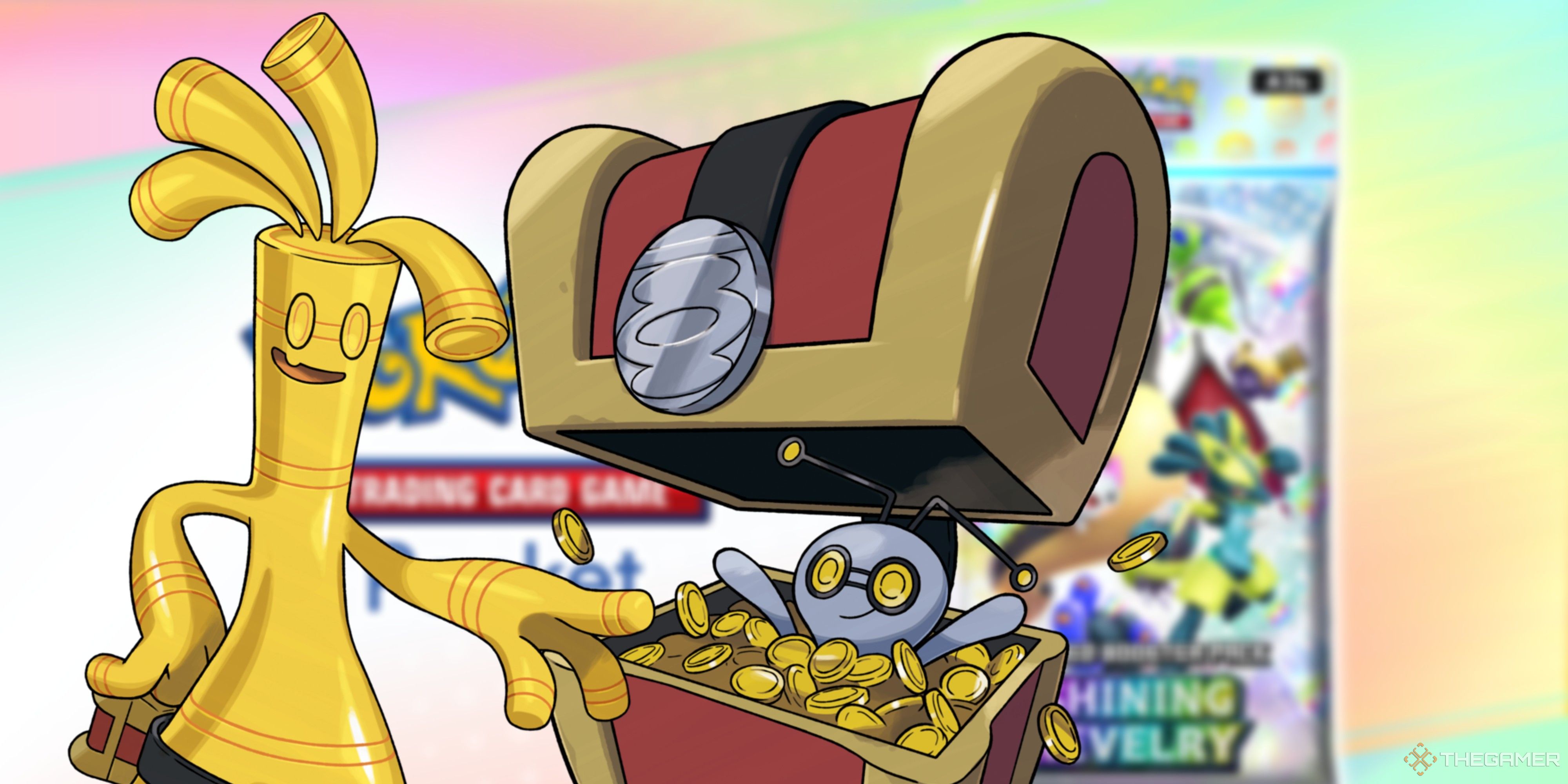 gholdengo reaching for a gimmighoul in a chest with a blurred pokemon tcg pocket background.