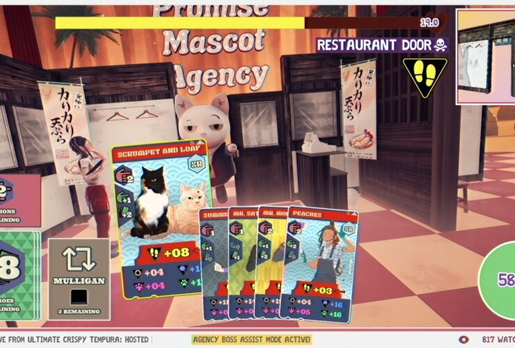 Salary Nyan attempts to get through a restaurant door and becomes stuck in Promise Mascot Agency, while the player looks at cards to help them out