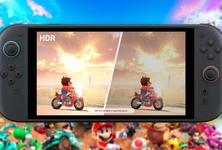 Switch 2 handheld with Mario Kart World gameplay on screen with HDR on and off and blurred character art in backdrop with colorful sky.