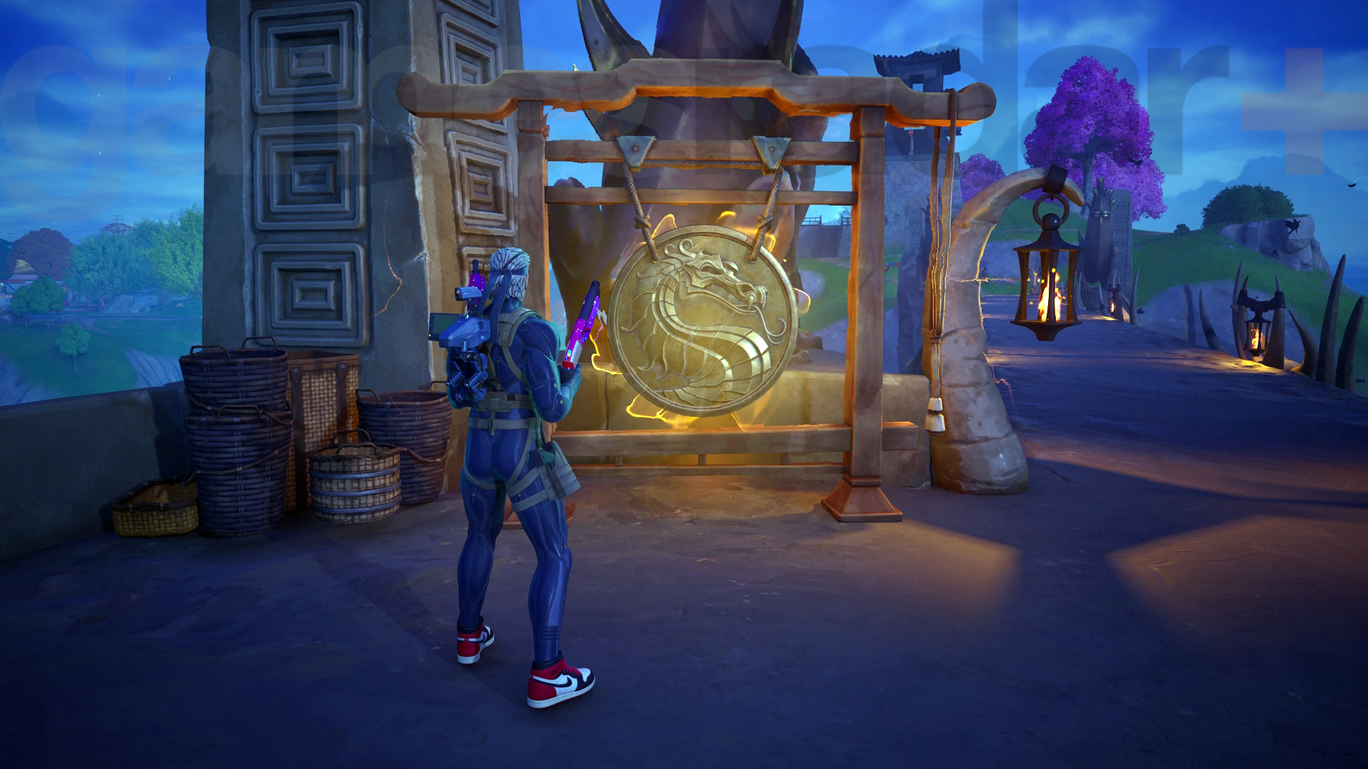 Ringing the gong to start the fight with Fortnite Scorpion for the First Blood Medallion