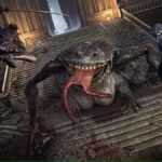 Two fighters jump down to attack a massive frog-like creature that has massive teeth and a tongue wagging out of its mouth in a screenshot from The Duskbloods.