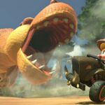 Mario Kart World screenshot showing a racer almost getting eaten by a dinosaur