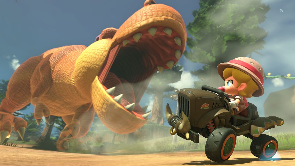 Mario Kart World screenshot showing a racer almost getting eaten by a dinosaur