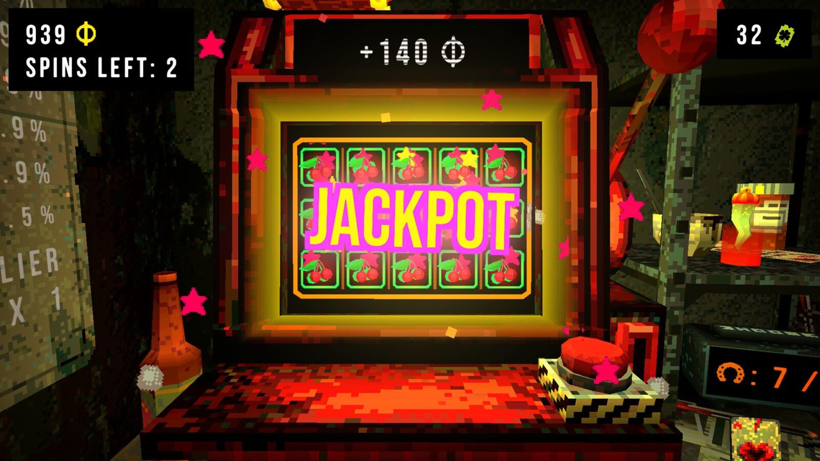 Screenshot from CloverPit, showing a first-person view of a slot machine with a shining 'Jackpot' announcement lit up.